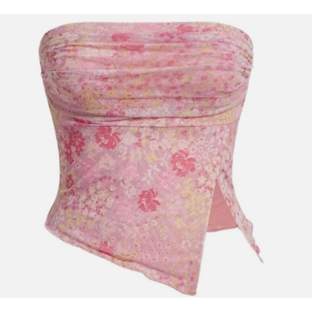 SHEIN Y2K Pink Floral Tube Top Size Large Asymmetrical Ruched Bandeau Side Slit
